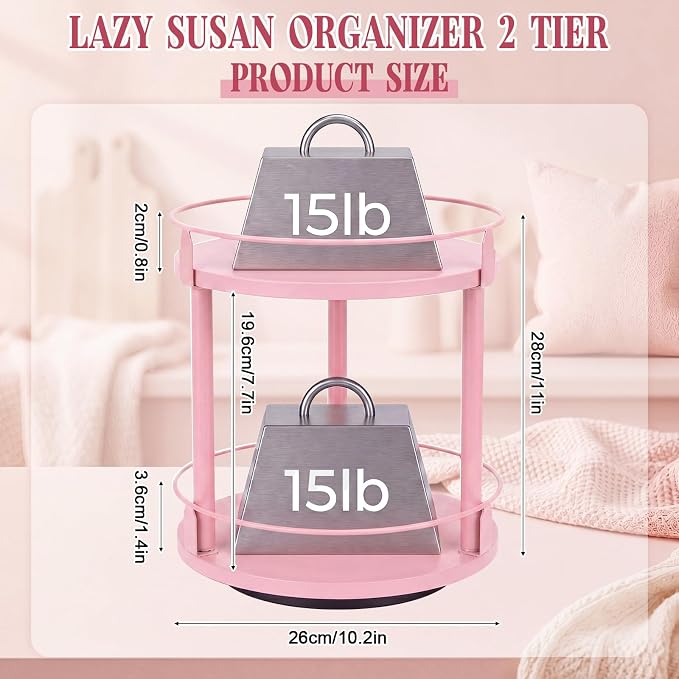 Light Pink Lazy Susan Organizer 2 Tier, Spice Rack Lazy Susan Organizer for Cabinet 10 Inch Rotating Spice Holder for Kitchen Countertop Pantry Dining Table Coffee Bar Storage