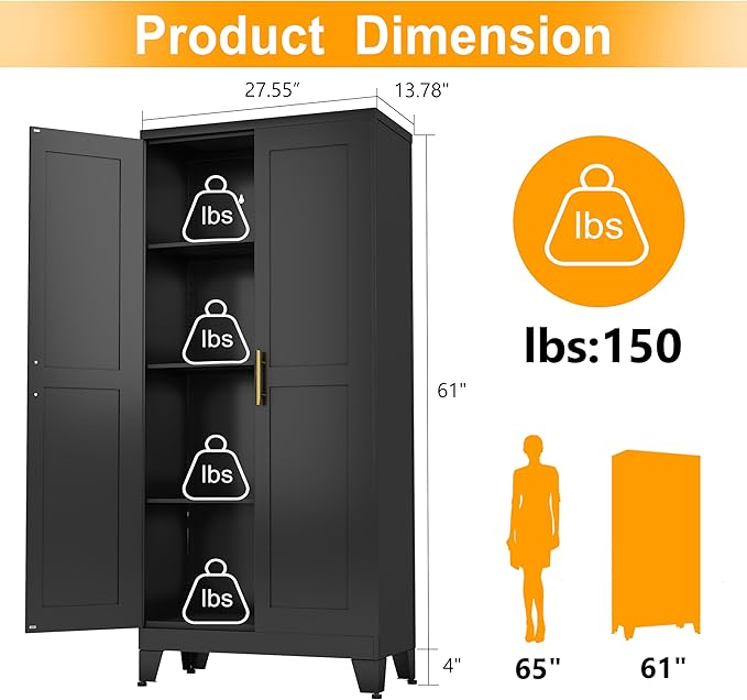 Ckzbx Black Metal Cabinets with Doors and Shelves, 61" H Storage Cabinet Pantry Cabinet Garage Cabinets for Kitchen, Living Room, Dinning Room