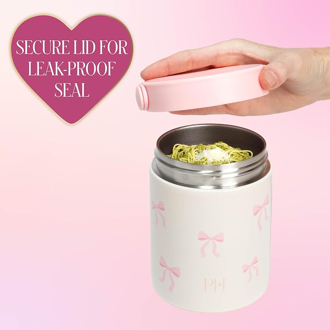 Paris Hilton Double Wall Stainless Steel Food Jar, Vacuum Insulated Leakproof Thermal Lunch Container with Printed Pink Bow Design, Keeps Food Hot or Cold for Hours, 15-Ounce, Marshmallow Dreams White
