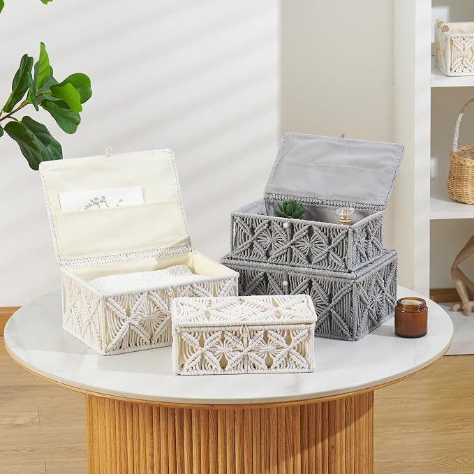 2PCS Decorative Boho Storage Baskets with Lid Bohemian Macrame Jewelry Box Handmade Natural Cotton Rope Woven Bins Memory Keepsake Photo Makeup Organizer Container (Gray, 1 Large 1 Small)