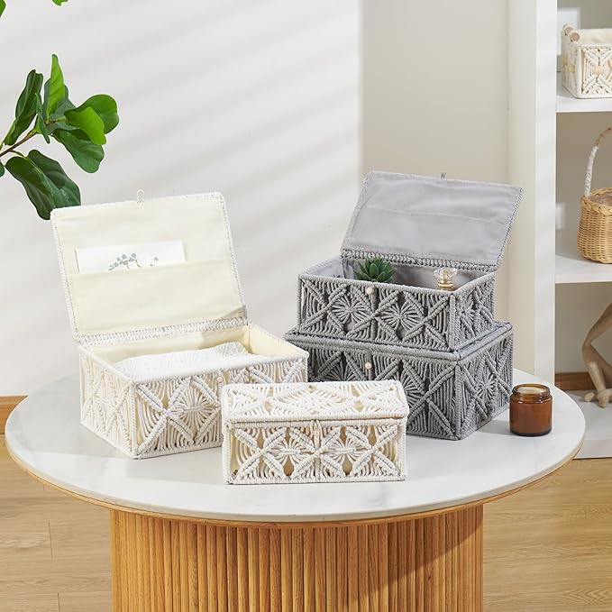 Decorative Boho Storage Baskets with Lid Bohemian Macrame Jewelry Box Handmade Natural Cotton Rope Woven Bins Memory Keepsake Photo Makeup Organizer Shelf Container (Off White, Large)