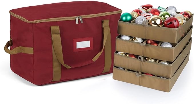 Covermates Keepsakes Adjustable Ornament Storage Bag – Heavy-Duty Polyester, Padded Dividers & FlexGrid Trays – Protective Holiday Ornament Organizer with Handles & Label Window, Red