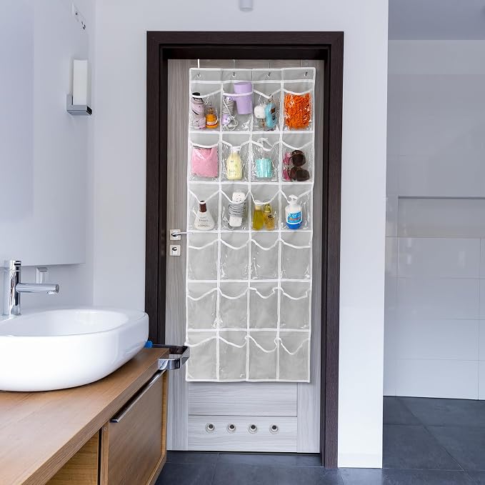 GOMAJI Over the Door 24 Pocket Hanging Shoe Organizer, Space Saving Hanging Storage Holder, Gray, (64" X 19")