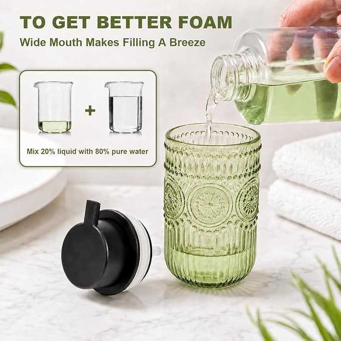 Glass Foaming Hand Soap Dispenser, Kitchen Foaming Dish Soap Dispenser | 13.8 oz Refillable Foam Soap Dispenser with Black Pump for Home Decor Set of 2