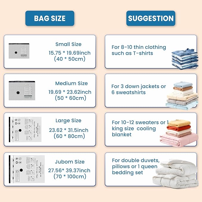 24PCS Vacuum Seal Bags for Clothing with Electric Pump - 8 Small, 8 Medium, 4 Large, 4 Jubom - Space Saver Vacuum Storage Bags for Bedding, Blanket, Pillow, Comforter, Travel, Seasonal Storage
