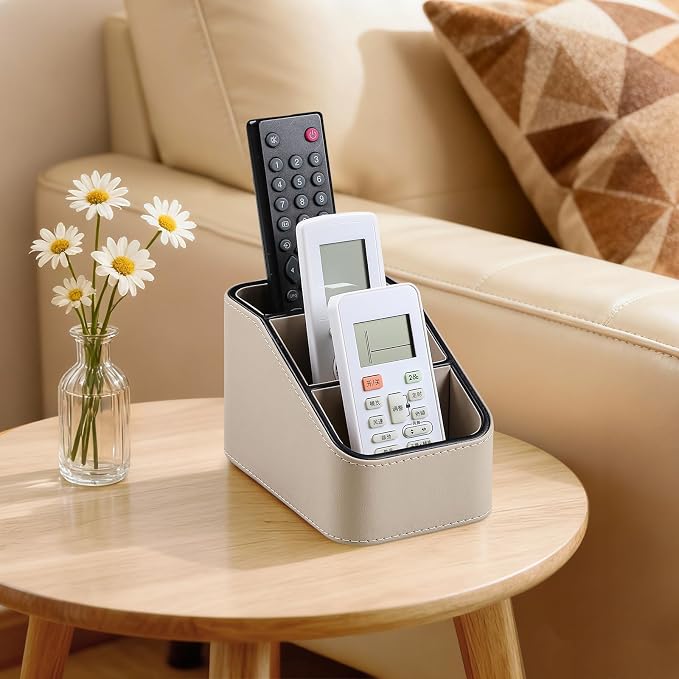 3 Compartments PU Leather Remote Control Holder, TV Remote Holder for Couch | Small Pen Desk Organizer for Office Bedside Living Room, Remote Caddy Nightstand Organizer