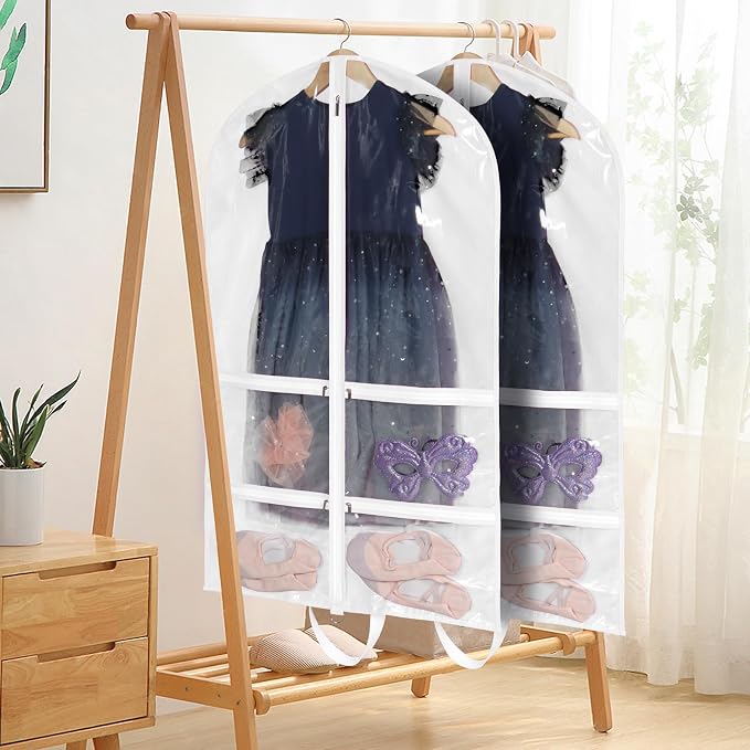 KEEGH 40 inch Clear Garment Bags for Dance Costumes, 6 Pack,White | 4 Zipper Pockets, for Dance Competitions, Ballet, Theatre, Dance Garment Bags for Dancers, Hanging Clothes for Closet Storage