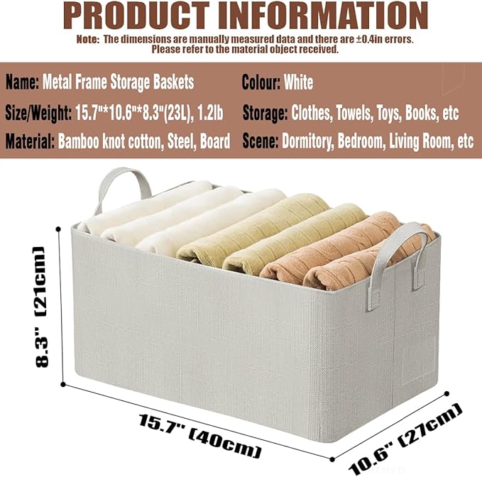 AARAINBOW 4 Pcs Closet Clothes Organizer with Handle, Fabric Storage Box with Steel Frame Stackable Shelf Storage Bins Foldable Fabric Storage Baskets for Organizing Sweater Pants, 23L (B 4 White)