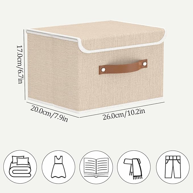OUTBROS Fabric Storage Bins Cube Organizers with Flip-Top Lid and Handles,Storage Boxes for Organizing Home,Office,and Closet,Beige,5 Pack 10.2 x 7.9 x 6.7 in