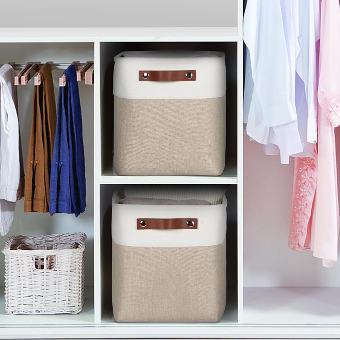 Fabric Storage Cubes 10.5x10.5x11in, Cube Storage Bins Organizers | Small storage cubes, Foldable Storage Basket, For Shelves Closet Organizers, with PU Leather Handle, 6 Pack, Beige