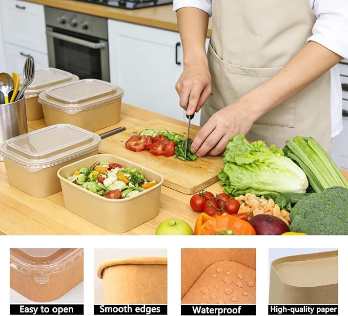 25 Pack 35oz Disposable Kraft Paper Bowls with Lids and Forks, Rectangular Meal Prep Containers, Microwave Safe for Hot/Cold Food