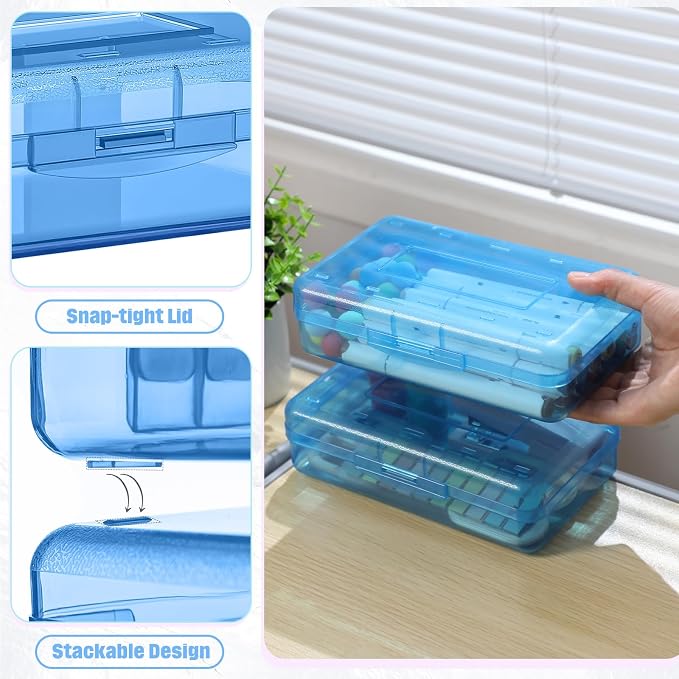 Blulu 6 Pack Large Plastic Pencil Case Box Clear Pencil Boxes Bulk Hard Crayon Box Storage with Snap Lids 8.1 x 4.7 x 2.2 Inch Painting Organizer Classroom Stationery School Supplies (Blue)