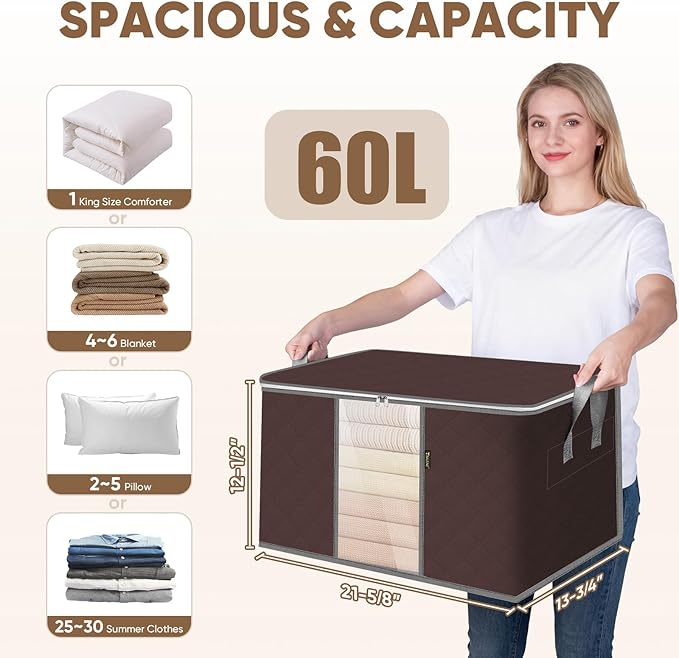 BALEINE 3 Pack Clothes Storage Bags, 16 Gallon Storage Containers with Reinforced Handle, Sturdy Zipper, Closet Organizer for Blanket, Comforter, Pillow, Bedding (Brown, 3 Pack)