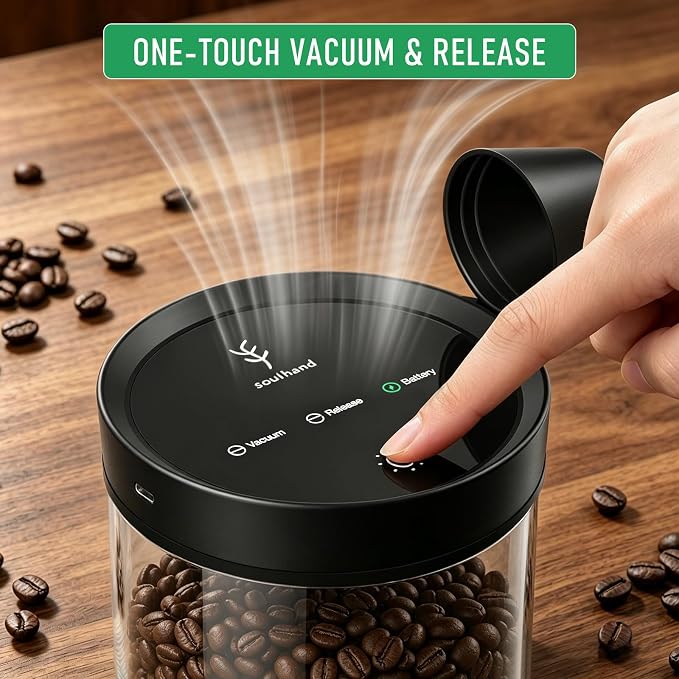 Vacuum Coffee Canister,1.6L Electric Airtight Glass Coffee Container | Auto Vacuum Seal Lid with Touch Screen, Airtight Freshness for Coffee Beans,Grounds,Food Safe,17oz