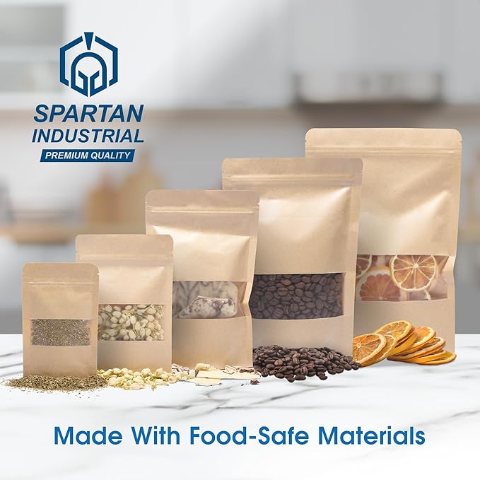 Spartan Industrial - 7" X 10" Kraft Stand-Up Pouch Bags - Pack of 100 Large Smell-Proof Bags for Bulk Food Packaging, Homemade Treats, Bath Products, and More
