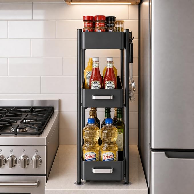 3-Tier Countertop Organizer, Pull Out Spice Rack, Transforming a Cramped, Unusable Space Into a Storage Area, With Suction Cup Feet and 4 Hooks, For Tall Bottles, Condiments and Spices