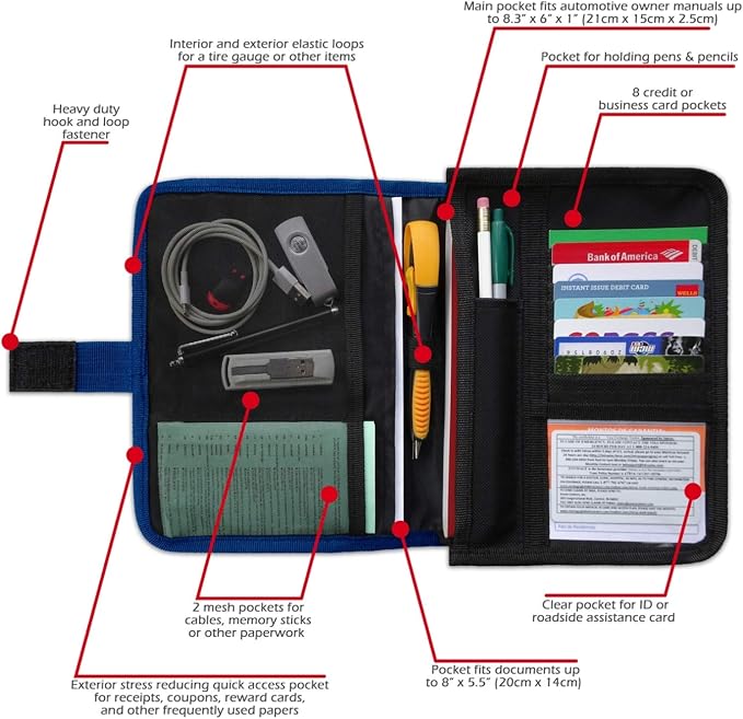 PlusXpres Glove Box Compartment Organizer - Car Document Holder - Blue | Owner Manual Case Pouch, Vehicle Storage Wallet for Registration and Insurance Card, Auto Paperwork Holder, Log Book included
