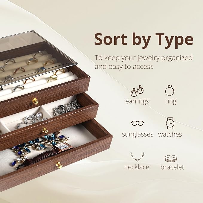 CLUQMEIK 3-layer Wooden Drawer Jewelry Organizers and Storage Box with Grey Acrylic Lid and Velvet Lining, Jewelry Box for Women and Girls to Store Rings Earrings Bracelets Necklaces