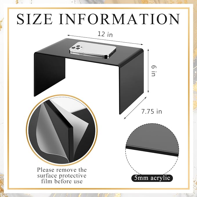 RattanView 2 Pcs 12 Inch Large Acrylic Risers Display Stands 5 mm Thick Acrylic Shelf Riser Showcase for Collectibles Jewelry Cupcakes Food Figures Perfume Cabinet (Black)