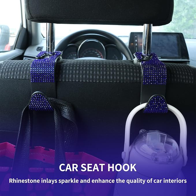4PCS Bling Car Seat Headrest Hooks, Vehicle Back Seat Purse Handbag Hanging Holder with Crystal Rhinestone, Diamond Storage Organizer Hook,Bling Car Accessories for Women (Blue)