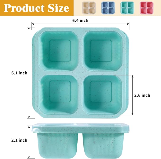 8 Pack Wheat Straw Snack Containers, 4-Compartment Reusable Bento Box with Lids - BPA-Free, Stackable Meal Prep Food Storage for Work, Travel, Home and On-the-Go