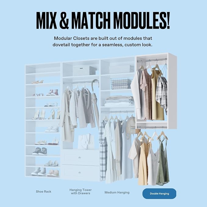 Double Hanging Closet Unit - Modular Corner Closet System With Hanging & Shelves (White, 33 inches Wide)