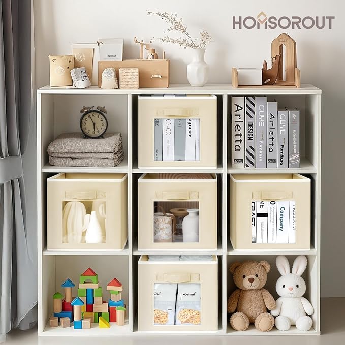 Homsorout Foldable Storage Cubes - Cubby Storage Organizer with Window, Decorative Baskets for Organizing, Fabric Bins for Clothes Storage, Closet Storage Cubes-11inch, Set of 12, Beige