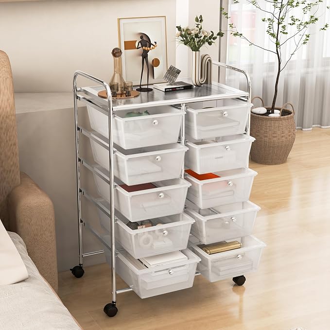 RELAX4LIFE Rolling Storage Cart with 10 Drawers - Craft Storage Cart with Lockable Wheels,Utility Cart, Art Cart Organizer for Crafting Storage, Studio, Office, Home, School Rolling Drawer Cart