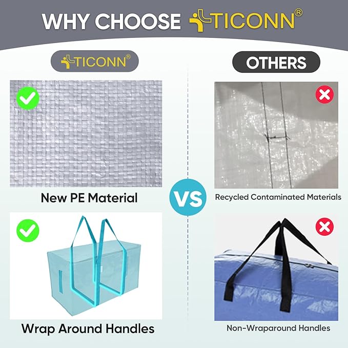 TICONN 2 Pack Extra Large Moving Bags Heavy Duty with Zippers & Carrying Handles, Durable Storage Bags Moving Boxes for Closet Organizers and Storage (2 Pack, Aqua)