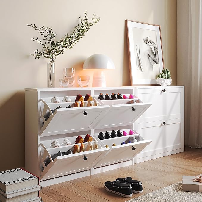 VOWNER Shoe Cabinet with 4 Flip Drawers, Freestanding Shoe Storage Cabinet with Adjustable Shelf & Anti-Tipping Device, Shoe Rack for Entryway, Hallway, Living Room (White) | 4 Flip Drawers
