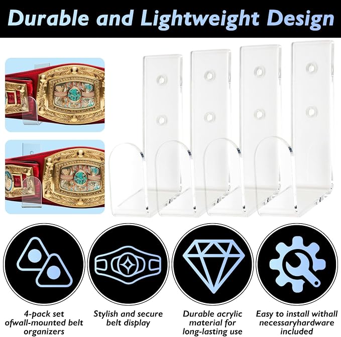 4 Pcs Wrestling Championship Belt Wall Display Holder Belt Horizontal Wall Mount Display Organizer Secure Rack for Wrestling Gifts and Awards