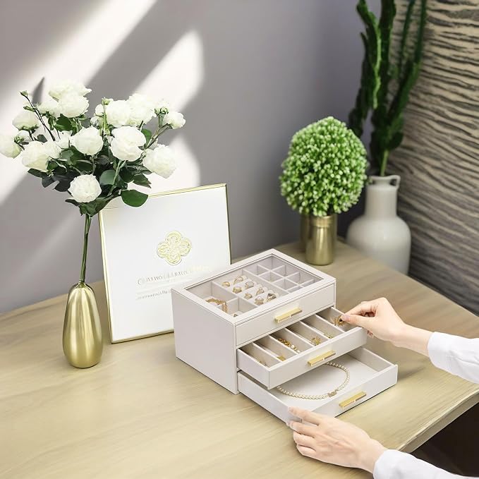 VLANDO 3-Drawer Jewelry Box with Glass Lid, Faux Leather Organizer for Rings Earrings Necklaces and More, Gift-Ready Jewelry Case for Women Girls or Moms, Beige