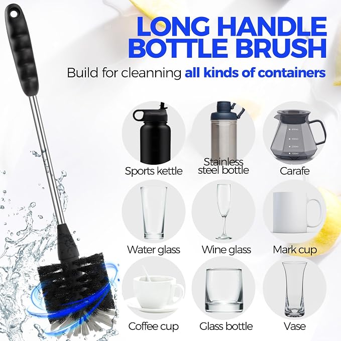 Holikme 5 Pack Bottle Brush 14" Stainless Steel Straw Cleaner Brush,Black | 14" Long Handle Stainless Steel Bottle Cleaner Brush, 3 Straw Brushes, Bottle Cleaning Brush for Water Bottle Cups Baby