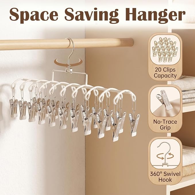 Pants Hangers with 20 Clips, Space Saving Hanging Closet Organizer (Beige) | 360°swivel & non-slip rustproof clips, multi-functional organizer holds leggings, skirts, hats, socks, scarves and lingerie