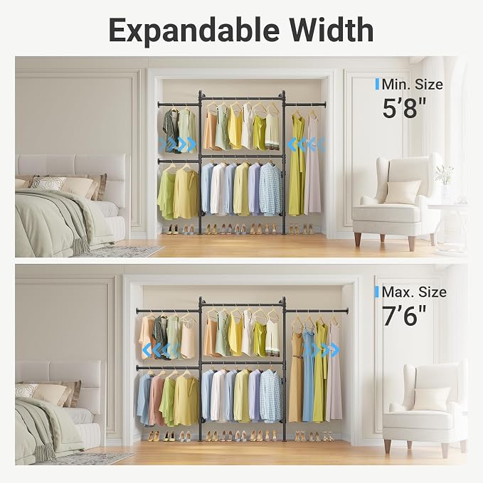 Timate P3 Wall Mounted Closet Organizer System with 5 Hanging Rods, Adjustable 5'8"–7'6", Heavy-Duty Modular Garment Rack, Space-Saving Closet Solution for Walk-in Closet, Bedroom & Small Spaces