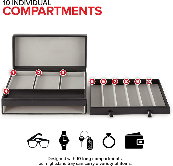 Stock Your Home Mens Valet Tray, Men's Jewelry Box, Night Stand Organizers and Storage, Bedside Table Organizer, Watch Box for Dresser, Faux Leather (Black & Gray)