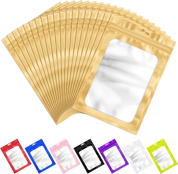 ANZNKU 100 PCS Resealable Mylar Bags with Frosted Clear Window Packaging Bags Foil Pouch Zipper Bag for Food Self Sealing Storage Supplies (5.12x8.27, Light Gold)