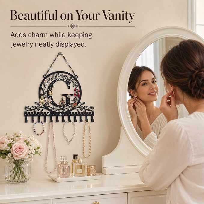 Personalized Wall Mounted Metal Initial Letter G Earring Holder Jewelry Organizer for Earrings and Necklaces Space Saving Wall Display with Hooks Jewelry Storage Bedroom Vanity Gift for Women