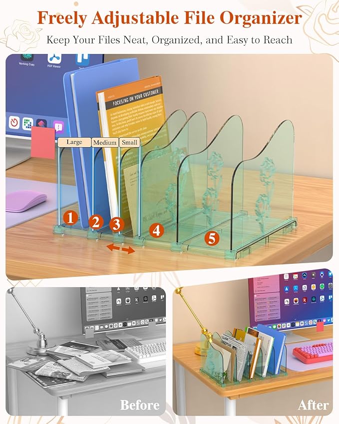 Adjustable Rose File Organizer for Desk, Vertical File Folder Holders for Magazines, Upright Desktop Binder Organizer, Clear Paper Bookshelf Divider File Sorter for School Office Supplies