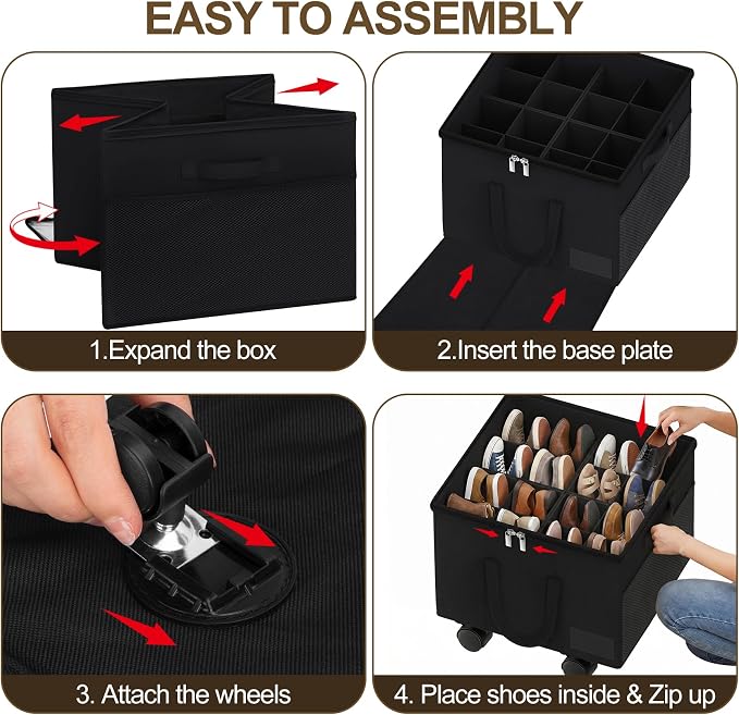 2 Pack Large Shoe Organizer for Closet, 32 Pairs Shoe Storage Box with 360° Wheels & Reinforced Handles, Adjustable Dividers, Clear Cover, Side Pocket, Foldable Oxford Fabric Bin for Entryway, Black