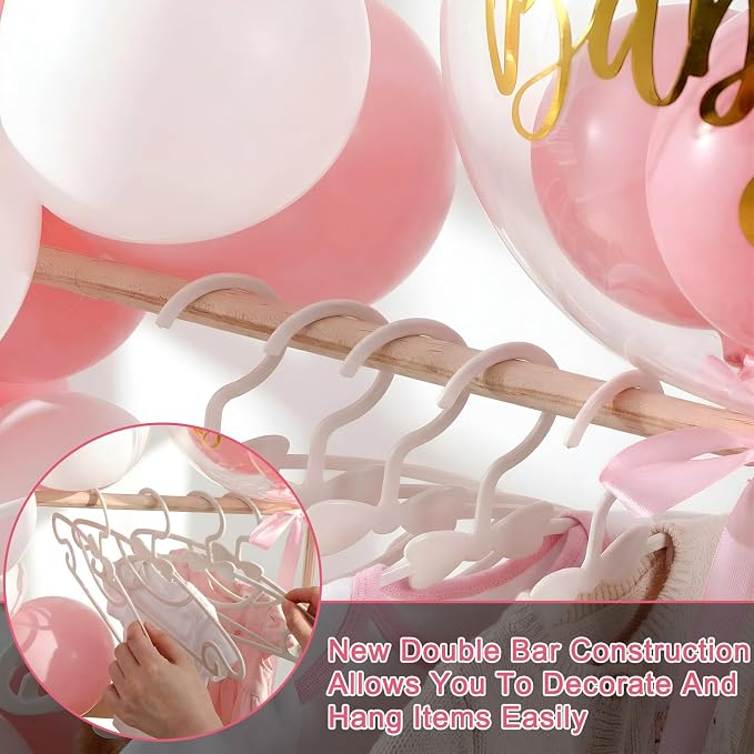 Wooden Baby Shower Crate Closet with Hanger Rack, Pink Bow Baby Gifts Basket with Balloon Accessories, DIY Babies Welcome Box for Pregnancy New Parent