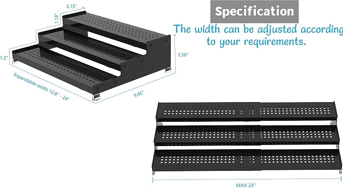 Jojocross Metal Spice Rack Organizer for Cabinet, 3 Tier Expandable Spice Storage shelf, Great for Kitchen Cabinets, Cupboard,Pantry and Countertop More,Metal plate with hole(1PACK/BLACK)