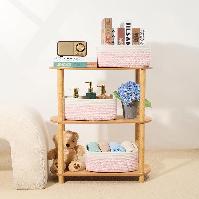 MiniArk Small Storage Baskets for Organizing | Closet Organizer Bins | Shelf Toy Basket | Woven Rope Baskets | Cube Decorative Box | Shallow Basket | 13x8.5x5.1” | 4 Packs White Pink
