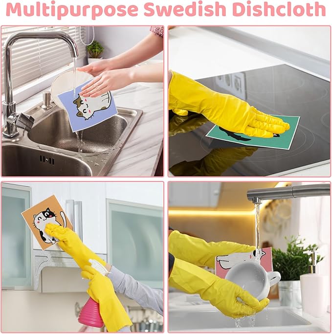 6 Pack Swedish Dishcloths for Kitchen, Cat Gifts for Cat Lovers Swedish Rags Absorbent Dish Cloth with Adhesive Clips, Reusable Paper Towels No Odor for Countertop Sink Kitchen Cat Mom Gift for Women