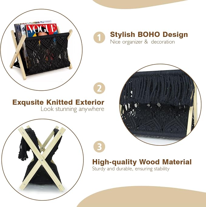 Boho Macrame Magazine Holder,Hand-Woven Magazine Rack for Home Office | Multifunctional Storage Basket for Letters, Magazines, Books and Newspapers