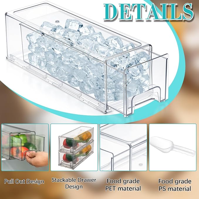 Havawish 1 Set Ice Container for Freezer with Scoop, Ice Storage Bin with Lid, Pull out Freezer Bin Organizer for Refrigerator, Clear Stackable Holder, Medium 12.6 x 4.7 x 4.3 Inch