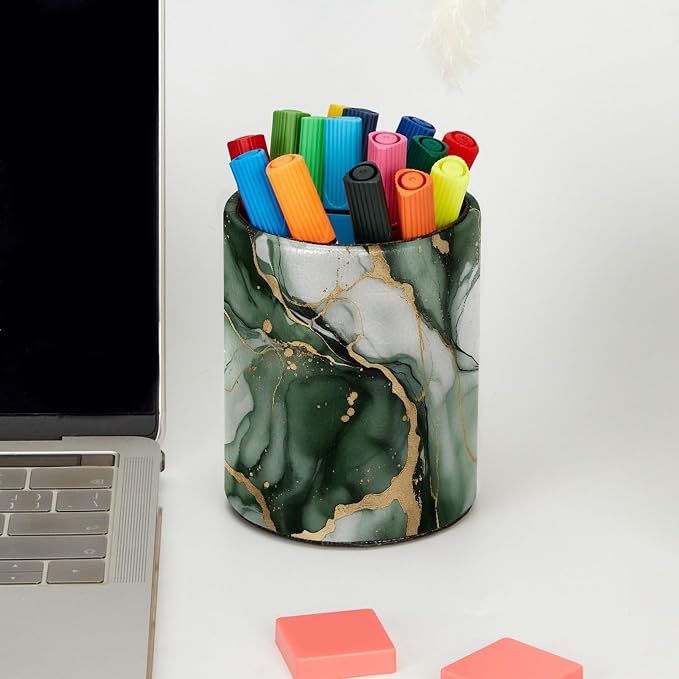 Faux Leather Pen Holder for Desk, Pencil Organizer Green Marble Texture Pen Cup Desk Decor Makeup Brush Holder Storage for Office Home