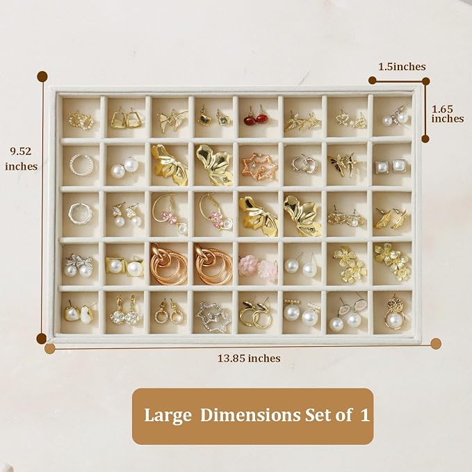 Large Jewelry Organizer for Drawer Insert Velvet Stackable Jewelry Trays for Earring Necklace Bracelet Ring Display (Beige, 40 Grids)