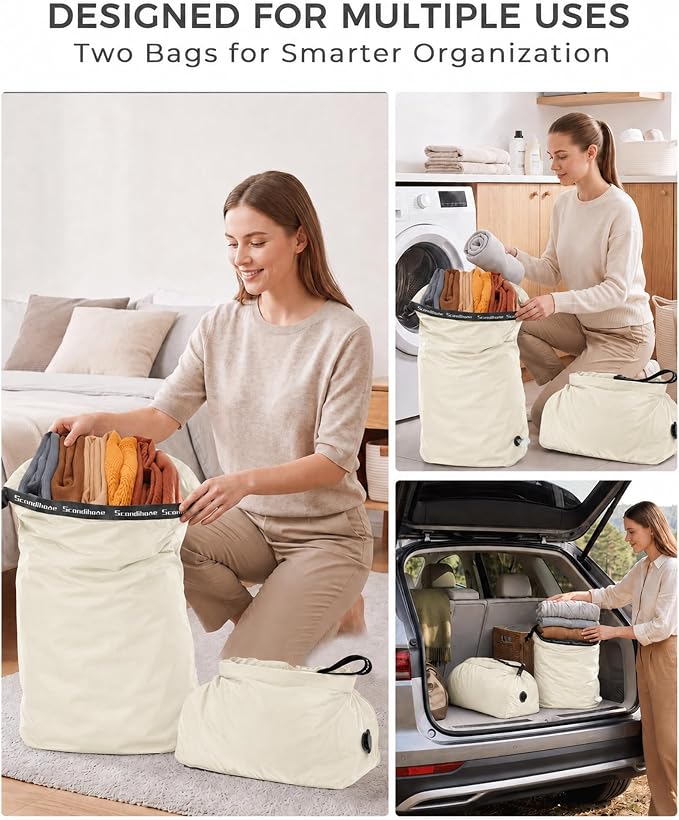 Travel Compression Laundry Bag, Pump-Free Vacuum Space Saver Bag for Dirty Clothes, Reusable Waterproof Wet Dry Bag, Travel Laundry Bag for Luggage, Packing, Suitcase (2 Pcs)（White, M + L)