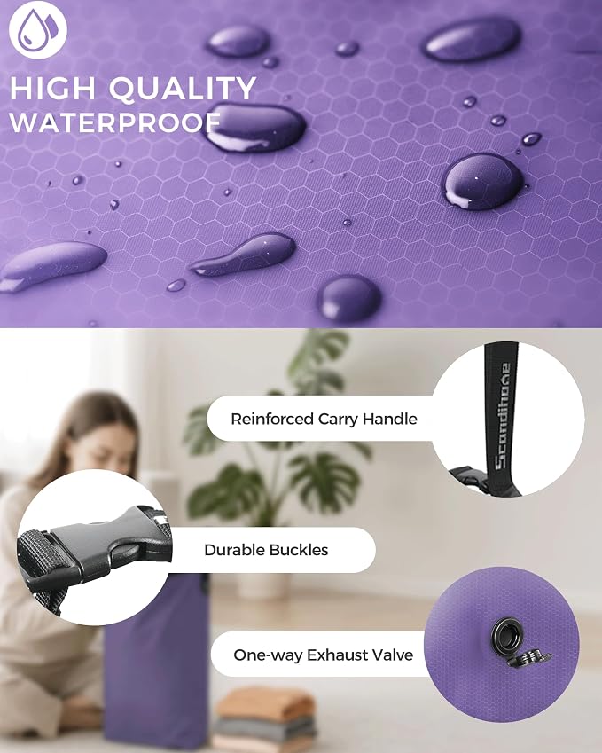 Travel Compression Laundry Bag, Pump-Free Vacuum Space Saver Bag for Dirty Clothes, Reusable Waterproof Wet Dry Bag, Travel Laundry Bag for Luggage, Packing, Suitcase (2 Pcs)（Purple, M + L)